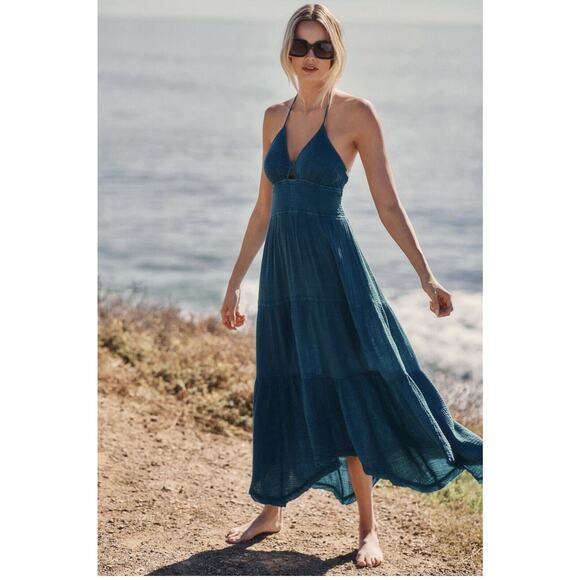 Anthropologie Teagan Smocked Halter Dress Blue Maxi Sleeveless XL NWT - Picture 1 of 8